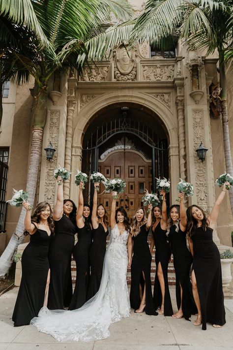 Black Satin Bridesmaid Dress, White Colour Scheme, Black Tie Bridesmaids, Black Bridesmaid Dress, Made With Love Bridal, Monochrome Weddings, Black Bridesmaid, Bridesmaids Dress Inspiration, Black Bridesmaids