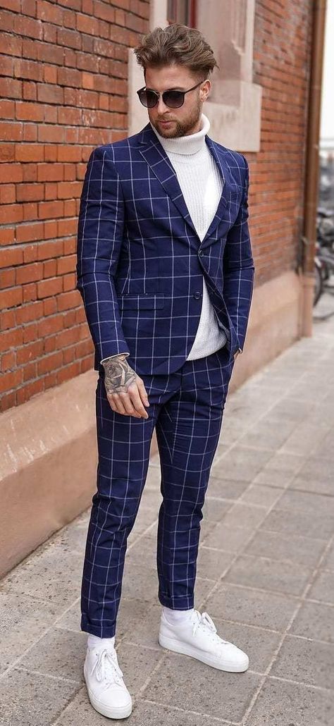 White Turtleneck Outfit, Blue Suit Outfit, Turtleneck Outfit Men, Turtleneck Suit, Blue Plaid Suit, Suits And Sneakers, Best White Sneakers, Blue Suit Jacket, Turtleneck Outfit