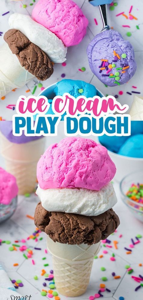 Ice cream play dough is edible, soft, and looks exactly like ice cream! Ice cream play dough is perfect for pretend play or as a kid-friendly craft. It’s fun for playing ice cream shop or sharpening fine motor skills. Make some of this DIY play dough and enjoy it with your kids. Ice Cream Project, Ice Cream Play Dough, Ice Cream Playdough, Ice Cream Dough, Edible Play Dough Recipe, Ice Cream Play, Play Doh Ice Cream, Cool Crafts For Kids, Play Ice Cream