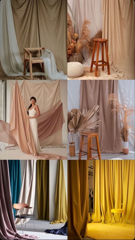 Diy Boho Photoshoot, Fashion Photography Set Design, Draped Fabric Backdrop Photoshoot, Curtain Backdrop Ideas Photoshoot, Homemade Studio Photography, Fashion Shoot Backdrop Ideas, Fabric Backdrop Photoshoot Ideas, Props For Studio Photography, Backdrop Shoot Ideas