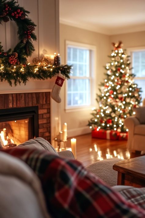 Transform your living room into a warm winter wonderland with a beautifully lit Christmas tree and festive garlands. Embrace the cozy vibes by the fireplace with soft lighting and seasonal decorations. #winterhomedecor #holidayvibes #cozyhome Christmas Aesthetic Cozy Living Room, Christmas Tree With Fireplace, Cozy Holiday Living Room, Warm Cozy Christmas Aesthetic, Cozy Warm Christmas Aesthetic, Cozy Christmas Living Room Fireplaces, Cosy Christmas Living Room, Christmas Tree Aesthetic Cozy, Christmas Inspiration Decoration