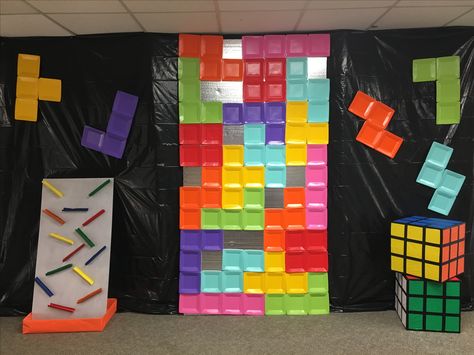 Large Board Game Decorations, Board Game Balloon Arch, Game Board Decorations, Giant Board Game Decorations, Board Games Decorations, Chutes And Ladders Decorations, Vbs Board Game Theme, Tetris Decor, Board Game Vbs Decorations