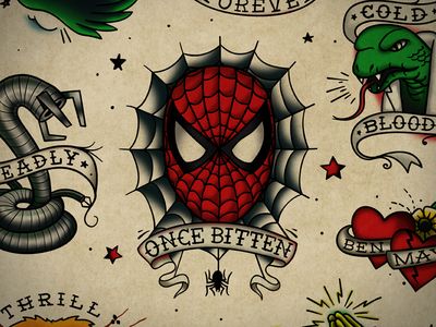 Spiderman Flash Hero Tattoo, Spiderman Tattoo, Man Tattoo, Comic Tattoo, Marvel Tattoos, Geek Tattoo, Tattoo Flash Sheet, Cool Tattoos For Guys, Tattoo Flash Art