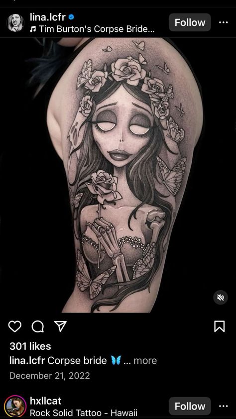 Corpus Bride Tattoo, Corpse Bride Sleeve Tattoo, Corpse Bride Tattoo Quotes, Emily Tattoo Corpse Bride, Emily Corpse Bride Tattoo, Corpse Bride Tattoo Ideas, Tim Burton Sleeve, Character Tattoo Ideas, Corpse Bride Tattoo