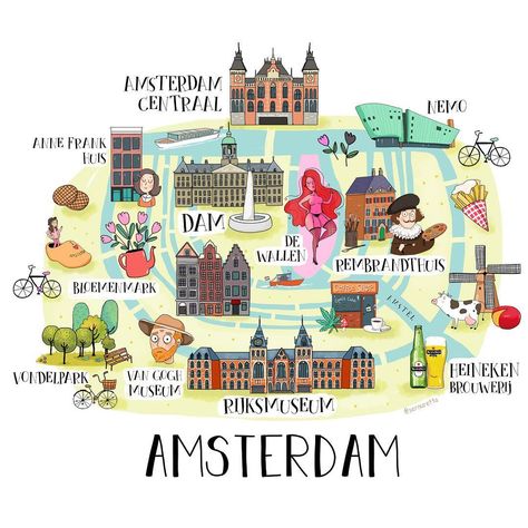 I made an illustrated mini map of Amsterdam 🌷 Amsterdam Map Illustration, Voyage Sketchbook, Map Of Amsterdam, Amsterdam Map, Amsterdam Red Light District, Travel Sketchbook, Red Light District, Van Gogh Museum, Netherlands Travel