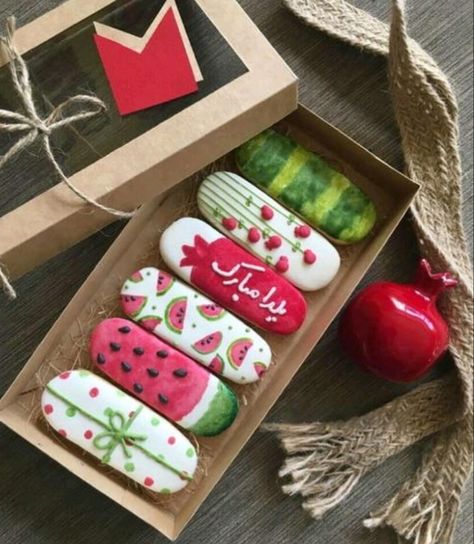 Yalda Design Idea, Shab Yalda Decoration, Box Of Cookies, Watermelon Cookies, Anti Gravity Cake, Yalda Night, Eating Food Funny, Gravity Cake, Iced Sugar Cookies