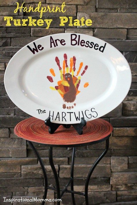 This Handprint Turkey Plate not only has a piece of each of our children on it, it also makes a statement about our family. We truly are blessed! Handprint Turkey, Fall Handprint Crafts, Turkey Crafts Kids, Thanksgiving Crafts For Toddlers, Turkey Plates, Turkey Handprint, Thanksgiving Plates, Thanksgiving Crafts Diy, Easy Thanksgiving Crafts