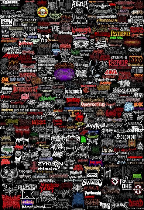 Collage of Heavy Metal band name Logos Heavy Metal Shirts, Metal Band Logos, Rock Band Logos, Rock Band Posters, Buku Harry Potter, Band Rock, Heavy Metal Rock, Band Wallpapers, Band Metal