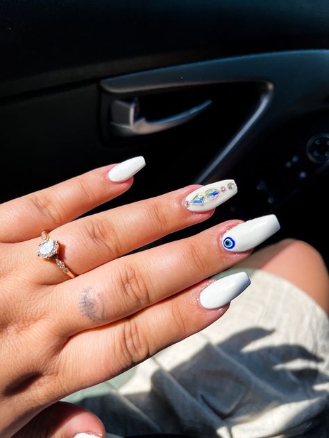 Summer nails cute nails nail inspo white nails white acrylic nails evil eye gel manicure nailspo nail inspo Nails With Evil Eye, Evil Eye Hand, Turkish Eye, White Acrylic Nails, Cute Summer Nails, Cute Nail Designs, White Acrylic, Holiday Nails, White Nails