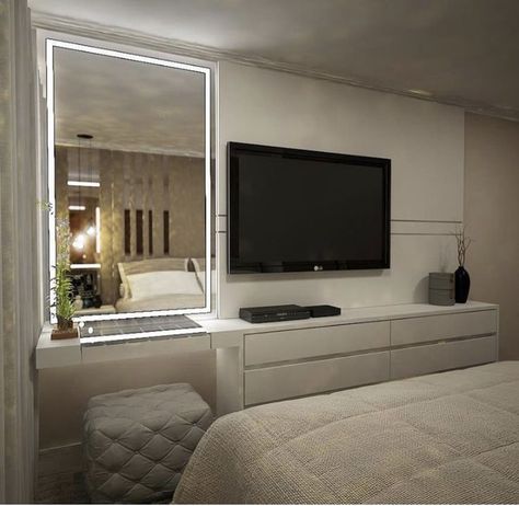 Vanity Tv Bedroom, Bedroom Tv Setup, Bedroom Decor Tv, Bedroom With Tv, Vanity In Bedroom, Hipster Room Decor, Master Room, Tv In Bedroom, Apartment Decor Inspiration