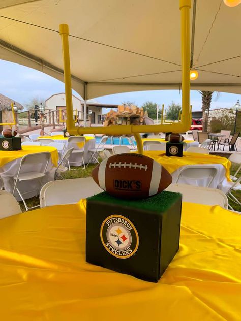 Steelers Centerpieces, Steelers Party Ideas, Steelers Birthday Party Ideas, Steeler Party Decorations, Steelers Party Decorations, Steelers Party, Steelers Decorations Diy Party Ideas, Steelers Football Party, Football Banquet Decorations