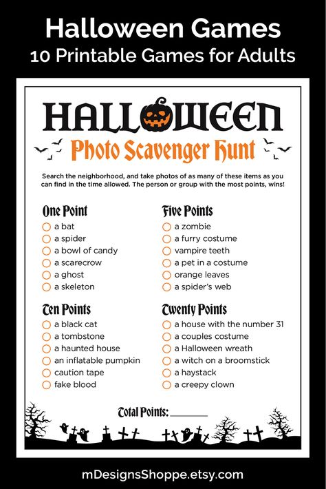 Halloween Games Bundle for adults with 10 printable games included. Each game has HALLOWEEN written in black lettering with a black and orange jack o lantern taking the place of the O. Underneath, the name of each game is written in orange, gothic lettering. bats fly out from either side. Along the bottom is a black border with creepy trees, ghosts and tombstones. Halloween House Party Activities, Halloween Party Ideas For Elderly, Witchy Party Games, Halloween Scavenger Hunt For Adults, Halloween Activities Adults, Halloween Party Activities For Adults, Halloween Games For Party, Printable Games For Adults, Halloween Party Games For Adults