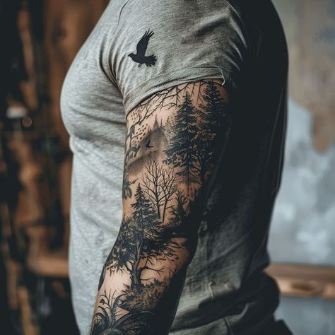 Camo Tattoo Sleeve, Animal Bicep Tattoo Men, Bicep Half Sleeve Tattoo Men, Deer Skull Flower Tattoo, Full Sleeve Tattoo Ideas For Men, Elk Tattoo Men Forearm, German Tattoos For Guys, Cow Skull Sleeve Tattoo, Forest Tattoo Shoulder