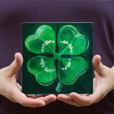 Four Leaf Clover Painting, Shamrock Artwork, Unique Irish Gift for Good Luck. Shamrock mini oil painting, high quality original art by SvetlanaS Art Studio.

MADE TO ORDER (1-3 WEEKS + delivery time)
❤️ 100% ORIGINAL OIL PAINTING, hand painted on canvas. The texture can be seen in the close-up photos. Unique little work of art, uniquely designed and painted by artist Svetlana Schneider. Four Leaf Clover Painting Canvases, March Canvas Painting Ideas, Four Leaf Clover Painting, 4 Leaf Clover Art, St Patrick's Day Painting, Shamrock Painting, Clover Painting, Shamrock Art, Artwork Unique