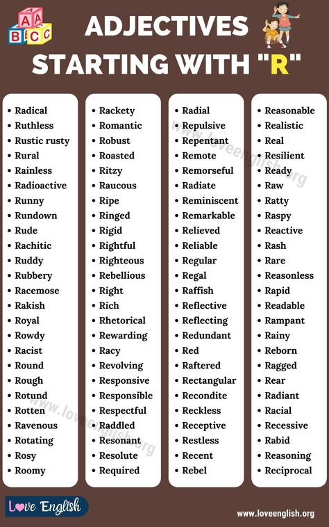 Adjectives that Start with R What Are Adjectives, Initial Videos, Adjective List, Phonic Charts, Comma Rules, List Of Adjectives, Adjective Words, Scrabble Words, English Adjectives