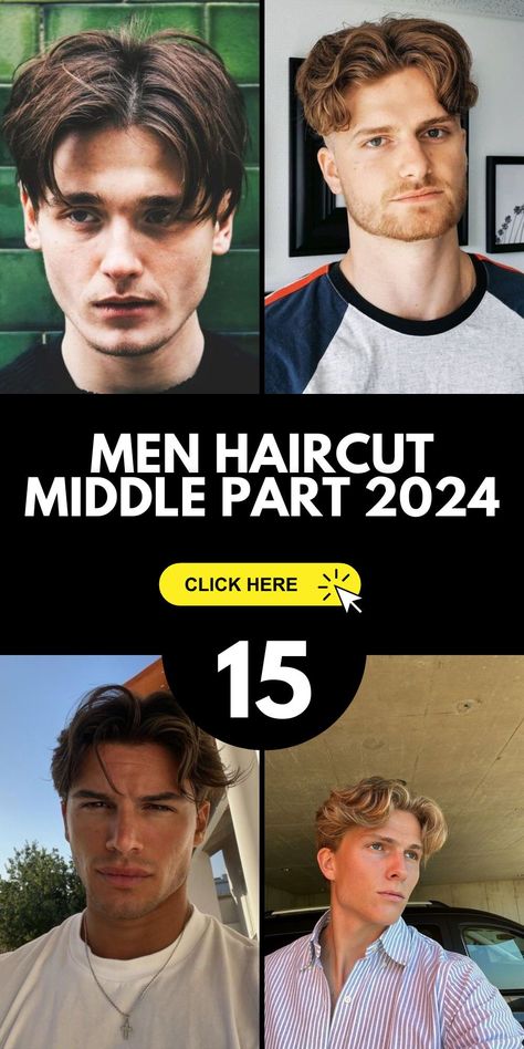 The middle part men's haircut is back and better than ever in 2024. This trend is all about balance, with short sides and a medium-length top that can be styled straight, wavy, or even curly for a unique twist. It's a versatile look that complements various styles, and it's perfect for those who want to stay on-trend in the new year. Men Haircut Parted In The Middle, Men Haircut Styles Middle Part, Men Center Part Hair, Long On Top Short On Sides Haircut, Medium Length Haircut Men Middle Part, Choppy Middle Part Hair, Mid Drop Fade Middle Part, Mens Medium Length Straight Hairstyles, Men Hairstyles Middle Part