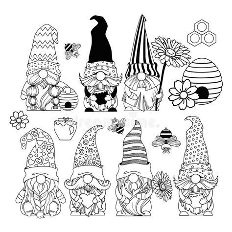 Set gnomes with honey stock illustration Gnome Clipart Black And White, Gnome Drawing Illustration, Cute Gnome Drawing, Gnome Doodle, Gnome Sketch, Gnomes Drawing, Gnome Drawings, Gnome Drawing, Gnome Illustration