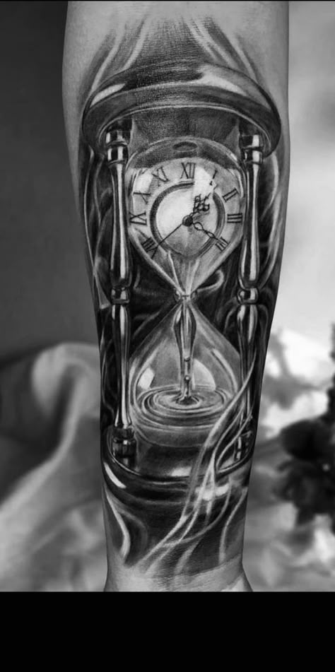 Hourglass Forearm Tattoo Men, Time Fading Tattoo, Hourglass Leg Tattoo, Mens Hourglass Tattoo Ideas, Time Running Out Tattoo, Egg Timer Tattoo, In Memoriam Tattoo, Engine Heart Tattoo, Broken Clock Tat