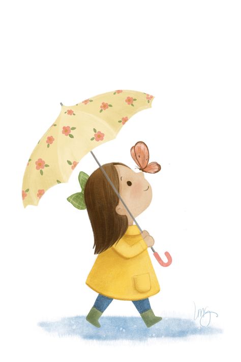 A character illustration by freelance illustrator Lisa M Griffin featuring a little girl with a floral umbrella and butterfly perched on her nose. Girl With Butterfly, Umbrella Drawing, Rain Illustration, Umbrella Illustration, Illustration Art Kids, Spring Illustration, Watercolor Paintings Nature, Creative Friends, Butterfly Kids