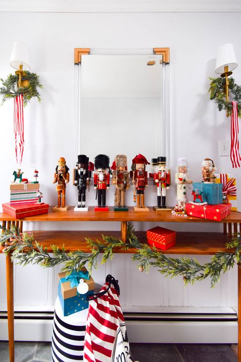 Colorful Powder Room, Nutcrackers Display, Glam Nursery, Cheap Christmas Trees, Mid Century Dining Room, Christmas House Tour, Colourful Christmas, Diy Santa, White Christmas Tree