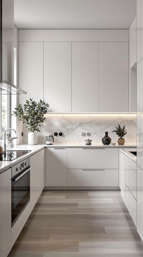 Modern Kitchen Designs White Modern Kitchen Apartment, Leicht Kitchen Modern, Modern Kitchen White Countertops, Matte White Kitchen Cabinets, Modern Minimalist Kitchen Small Spaces, Modern Condo Kitchen, Small Kitchen Modern, White Glossy Kitchen, Light Kitchen Colors