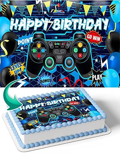 CAKECERY Gamer Nintendo Playstation Xbox Blue Comestible Cake Image Topper Birthday Cake Banner 1/4 Hoja Game Theme Cake, Game Birthday Cake, Gamer Birthday Cake, Edible Cake Images, Video Game Cake, Birthday Cake Banner, Playstation Cake, Gamer Cake, Dairy Queen Cake