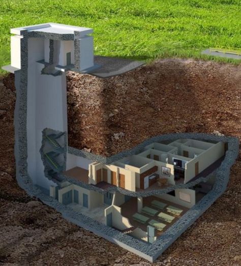 This luxury nuclear bunker includes decontamination showers, 3-foot thick concrete walls, state-of-the-art fresh air intake system, medical room, $100,000 CCTV security system and “spring system throughout building to absorb blast.” Underground Bunker Plans, Underground Survival Shelters, Above Ground Storm Shelters, Luxury Bunkers, Doomsday Bunker, Underground Shelter, Storm Shelter, Underground Bunker, Underground Homes