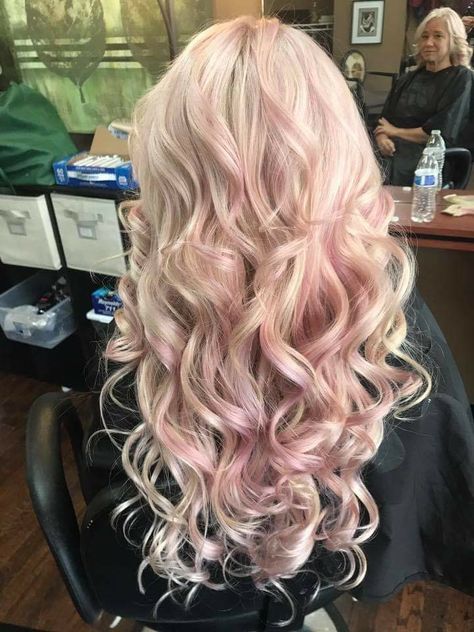 Blonde Hair Pastel Pink Highlights, White Blonde Hair With Pink Highlights, Platinum With Pink Highlights, Pink N Blonde Hair, Blonde Curly Hair Pink Highlights, Light Blonde Hair With Pink Highlights, White Hair Pink Highlights, Pink Highlights In Blonde Hair Curly, Blonde With Pink Lowlights