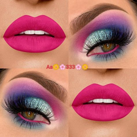 Pink lips with beautiful eye makeup 80s Inspired Makeup Look, 1980s Eye Makeup, 80s Inspo Makeup, 80 Makeup 80s Party, Airfield Photoshoot, Pink 80s Makeup, 80s Party Makeup, Blue And Pink Makeup Looks, 80’s Make Up