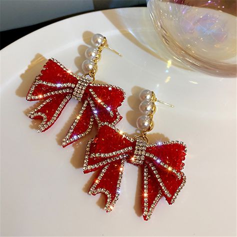 Fyuan Korean Style Red Bowknot Dangle Earrings For Women Three Pearl Rhinestone Earrings Weddings Party Jewelry Accessories - Dangle Earrings - AliExpress Martini Outfit, Friends Style, Vintage Clip Earrings, Pearl Bow, Rhinestone Material, Holiday Music, Swirl Earrings, Sparkle Jewelry, Wedding Party Jewelry