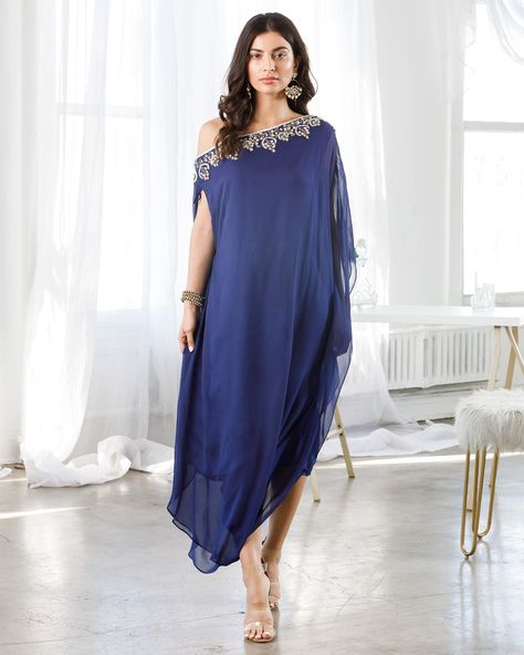 Off Shoulder Midnight Blue and Gold Kaftan | KYNAH USA Off Shoulder Kaftan, Midnight Blue And Gold, Kaftan Design, Western Dresses For Girl, Kaftan Dresses, Lace Dress Design, Flora Dress, Garment Manufacturing, Indian Clothing