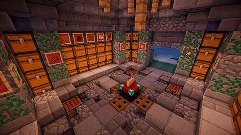 Medieval Storage Room Minecraft Project Minecraft Basement Ideas Survival, Storage Area Minecraft, Minecraft Catacombs, Minecraft Armory Room, Minecraft Wall Design, Chest Room Minecraft, Storage Room Design, Minecraft Storage Room Ideas, Minecraft Storage Room