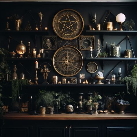 Alchemy Interior Design, Goth Witch Home Decor, Fantasy Themed Home Library, Witchy Art Studio, Apothecary Aesthetic Bedroom, Witchy Mantle, Dark Apothecary Aesthetic, Dark Craft Room, Witchy Decor Aesthetic