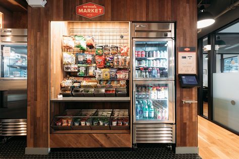 A Look Inside WeWork’s NYC Coworking Space - E 57th - Officelovin' Snack Bar Design, Micro Market, New York Office, Coworking Office, Corporate Office Design, Supermarket Design, Office Space Design, Kiosk Design, Modern Home Office