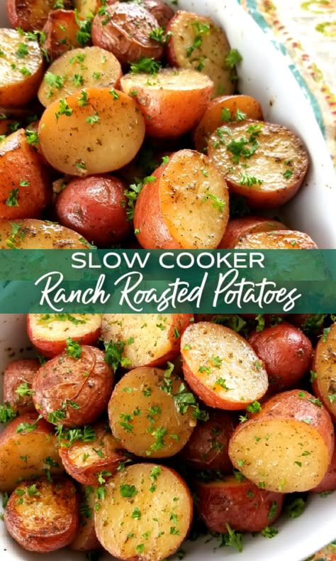 Crock Pot Easter Sides, Easy Easter Sides Dishes Crock Pot, Crock Pot New Potatoes Recipes, New Potatoes Crockpot, Garlic Potatoes In Crockpot, Roasted Veggies In Crockpot, New Potatoes In Crock Pot, Slow Cooker New Potatoes, Slow Cooked Potatoes