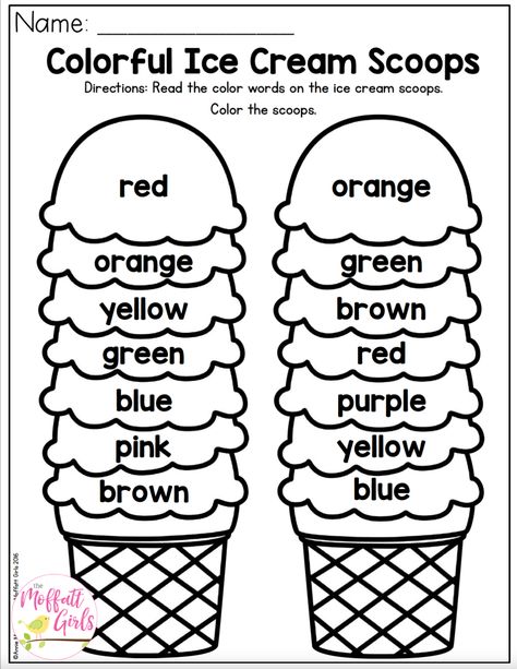 Summer School Activities, Homeschool Preschool Activities, Colorful Ice Cream, English Activities For Kids, Kids Worksheets Preschool, Free Preschool Worksheets, Ice Cream Scoops, Kids Worksheets, Kids English