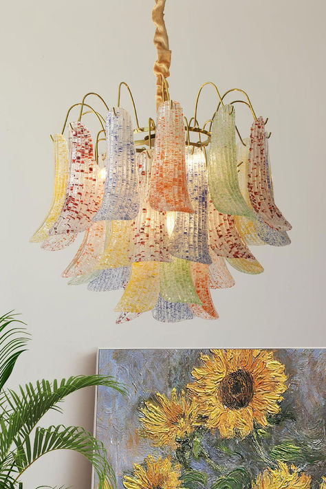 Elevate your space with the Mazzega Murano Glass Chandelier from Mooijane. Handcrafted by skilled artisans, each piece is a unique work of art, showcasing vibrant and colorful Murano glass. This timeless and elegant chandelier adds a warm and gentle glow, bringing old-world charm and vintage flair to any room. Stained Glass Chandelier, Bohemian Interiors, Architectural Ideas, Lift Design, Murano Glass Chandelier, House Features, Iron Lamp, Chandelier In Living Room, Maximalism