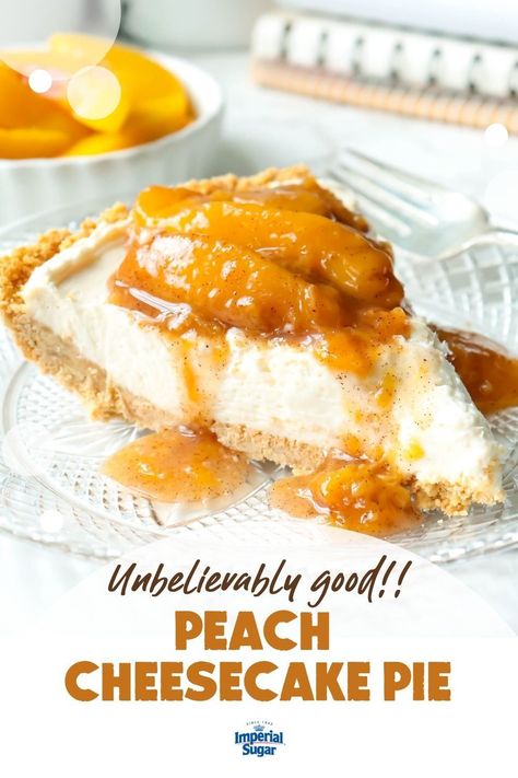 Who doesn't love a fresh peach pie or a cheesecake? The two mouth-watering desserts collide in a deliciously easy way in this Peach Cheesecake Pie. This chilled and creamy no-bake cheesecake has a homemade graham cracker crust and is topped with a delicious peach sauce. For more pie recipes and ideas visit ImperialSugar.com and pin your favorites! Made this recipe? Show us! #imperialsugar #cheesecakerecipes #pierecipes Homemade Graham Cracker, Chocolate Graham Cracker Crust, Fresh Peach Pie, Peach Sauce, Peach Cheesecake, Homemade Graham Cracker Crust, Homemade Graham Crackers, Cheesecake Pie, Peach Desserts