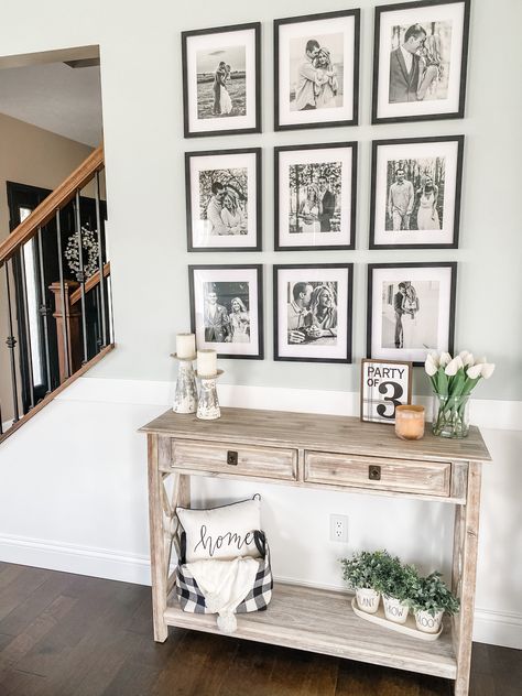 Entryway Table Decor With Pictures, Mix Tile Photo Wall Ideas, Hallway Upstairs, Hall Entrada, Family Area, Entry Table Decor, Photo Table, Indoor Ideas, Black Picture Frame