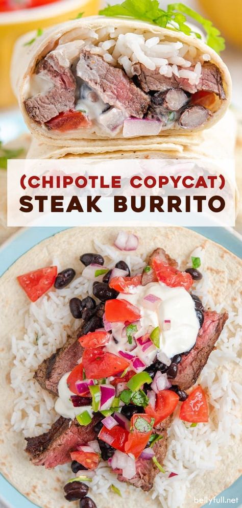 Easy Steak Burrito Recipe, Steak Fajita Burrito, Flank Steak Burritos, Steak And Rice Burritos, Homemade Chipotle Bowl Steak, Qdoba Steak Recipe, Chipotle Steak Burrito Bowl, Burritos Steak, Qdoba Recipes