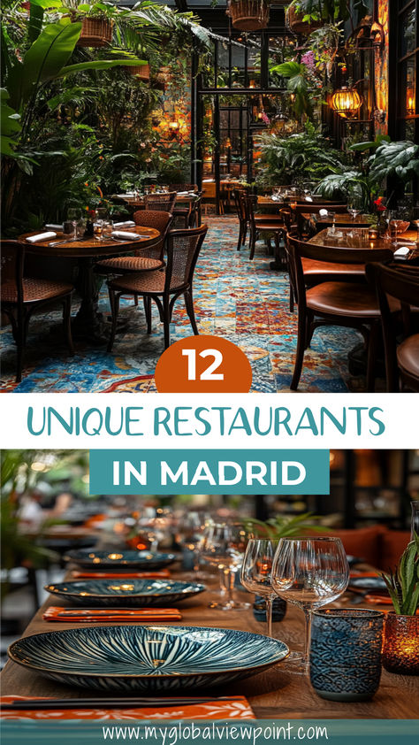 A stunning indoor garden-style restaurant in Madrid with vibrant tiles, lush greenery, and elegant table settings, showcasing one of the 12 unique dining spots featured in the guide. Madrid Tapas, Salamanca Madrid, Restaurants In Madrid, Madrid Restaurants, Madrid Hotels, Top 10 Restaurants, Road Trip Europe, Spanish Mediterranean, Spain Trip