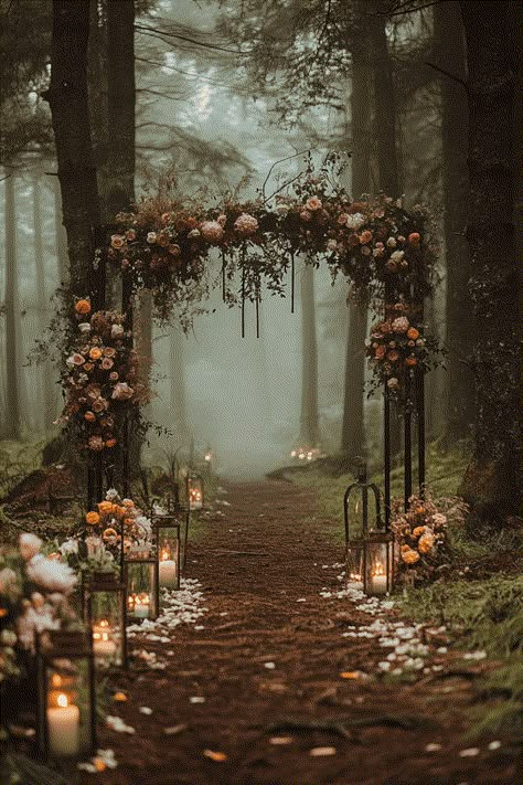 Dark Nature Wedding Theme, Gothic Woods Wedding, Gothic Garden Wedding, Dark Forest Wedding Centerpieces, Dark Wedding Ceremony Aesthetic, Moody Forest Wedding Decor, Dark Woodsy Wedding, Subtle Halloween Wedding, Forest Wedding Venues Dark