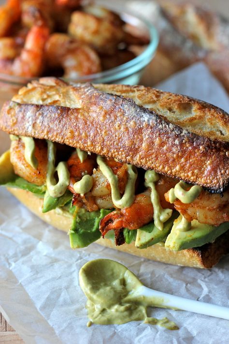 Spicy Roasted Shrimp Sandwich with Chipotle Avocado Mayonnaise - Damn Delicious Spicy Sandwich Recipes, Cafe Specials, Unique Sandwiches, What To Make For Lunch, Sand Ideas, Avocado Sandwich Recipes, Avocado Mayonnaise, Lunch Sandwich Recipes, Spicy Sandwich