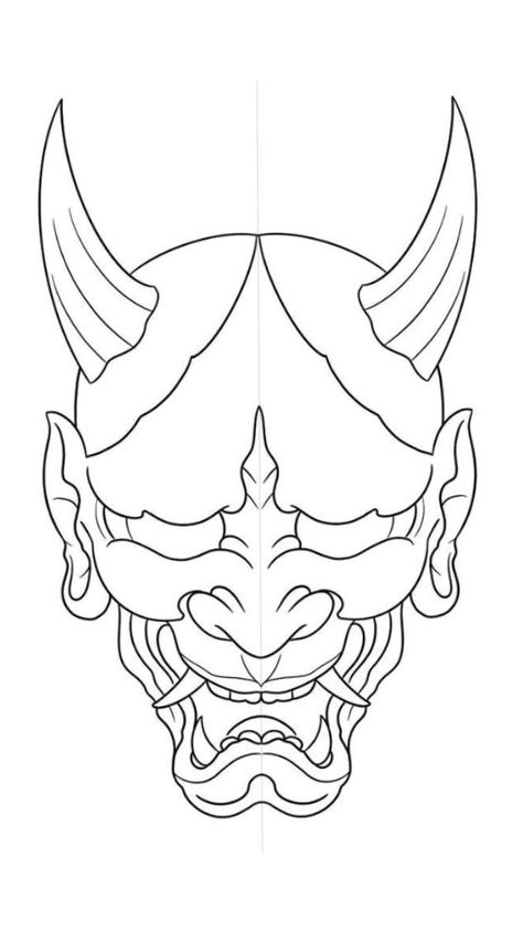 Hayanna Mask Tattoo, Japanese Demon Drawing, Oni Mask Tattoo Stencil, Oni Mask Tattoo Design Ideas Simple, Oni Mask Stencil, Demons Tattoo Designs, Japanese Oni Mask Drawing, Oni Mask Outline, Japanese Mask Drawing