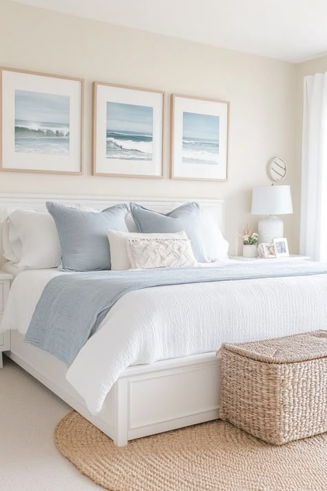 New England Coastal Cottage, Serena And Lily Bedroom Ideas, Coastal Blue Bedroom Ideas, Coastal Master Bedrooms Decor, Coastal Bedrooms Blue, Coastal Wall Colors, Coastal Grandmother Bedroom, Small Coastal Bedroom, Cozy Coastal Bedroom