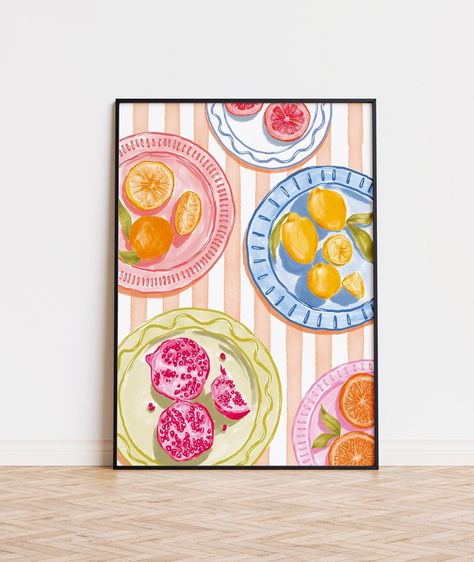 Citrus Fruits Art Print, A3 size, Kitchen print, Amalfi lemons, oranges, grapefruit, pomegranate Inspired Food Illustration. Cute Lemon Painting, Fruit Art Prints, Kitchen Artwork Painting, Amalfi Lemons, London Room, Future Decor, Art Booth, Fruits Art, Food Prints