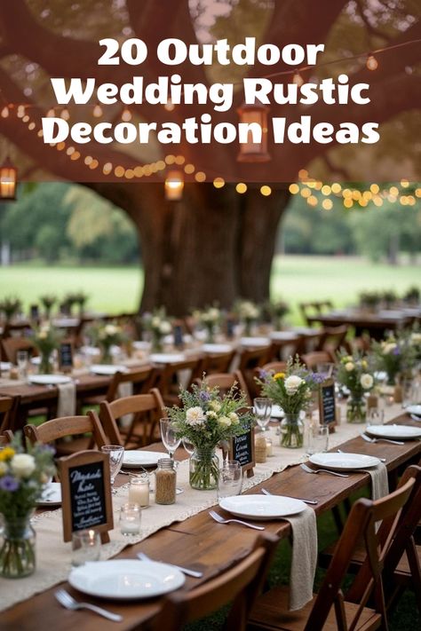 Did you know that wedding rustic decoration outdoor themes can make your big day unforgettable? Discover how vintage charm meets nature's beauty with 20 stunning photos! Dive into dreamy boho styles, charming mason jar setups, and whimsical barn venues. Perfect for Pinterest lovers and anyone seeking woodland magic. Start picturing your perfect day now! Simple Farm Wedding Decor, Campground Wedding Decorations, August Rustic Wedding, Rustic Boho Wedding Ideas, Camping Theme Wedding Receptions, Small Casual Wedding Ideas, Outdoor Woodsy Wedding Ideas, Outdoor Wedding Ideas Decoration, Outdoor Theme Wedding