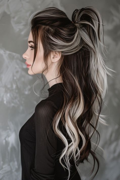 47+ Icy Blonde Balayage Hair Ideas Dark Brown With White Hair, Black Tip Blonde Hair, Black Or Blonde Hair, Punk Wedding Hairstyles, Black Blonde Brown Hair, Blonde Black And Brown Hair, Blonde Hair With Dark Streaks, Blond Hair Black Highlights, Brunette Hair With Color Underneath