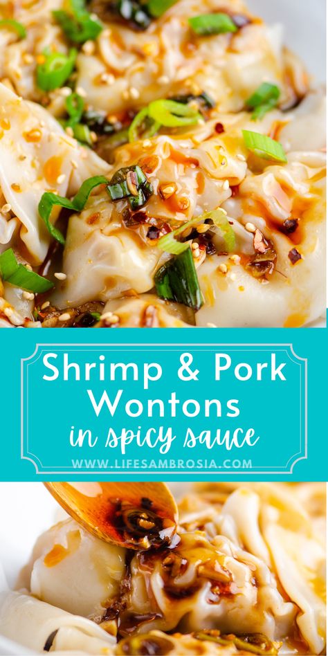 Shrimp Wonton Recipes, Wonton Sauce Recipe, Wonton Ideas, Asian Rolls, Wonton Filling Recipes, Pork Wonton Recipe, Pork Wontons, Spicy Sauce Recipe, Shrimp Wonton