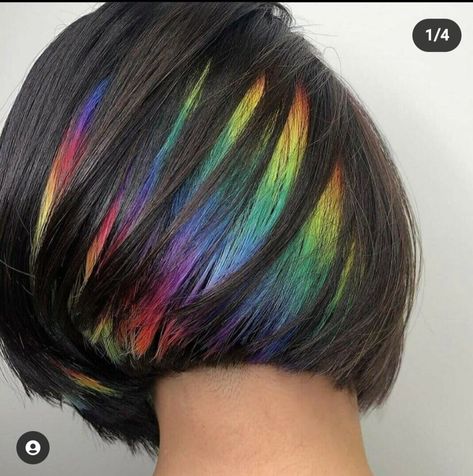 Galaxy Hair Color Short, Hidden Hair Color Ideas, Rainbow Hair Color Short, Multi Color Hair Ideas, Peekaboo Rainbow Hair, Rainbow Peekaboo Hair, Rainbow Underneath Hair, Prism Hair, Short Rainbow Hair